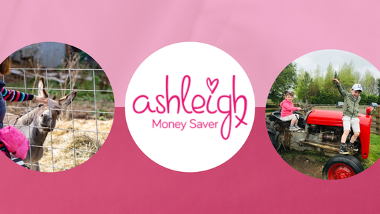 Pink banner with "Ashleigh Money Saver" logo, child petting a donkey on the left, two kids on a red tractor on the right.