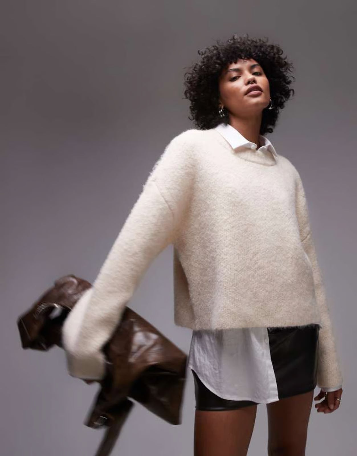 Topshop knitted fluffy relaxed ultimate jumper in ivory