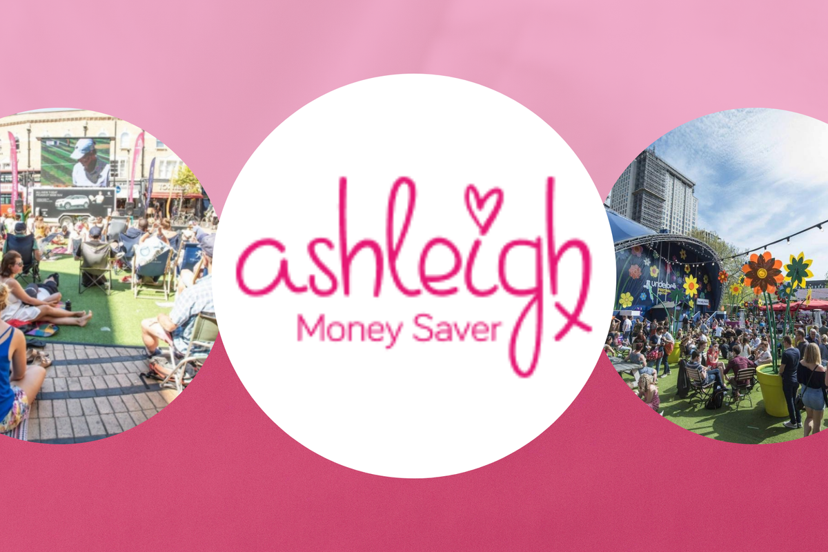 Pink banner with "Ashleigh Money Saver" logo, outdoor crowd watching a screen on the left, busy festival scene on the right.