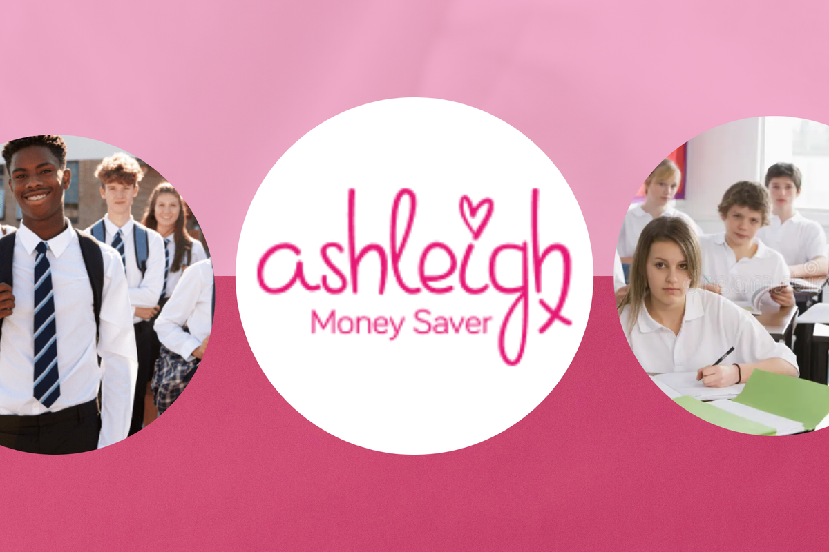 Pink banner with "Ashleigh Money Saver" logo, students in uniform on the left, classroom scene on the right.
