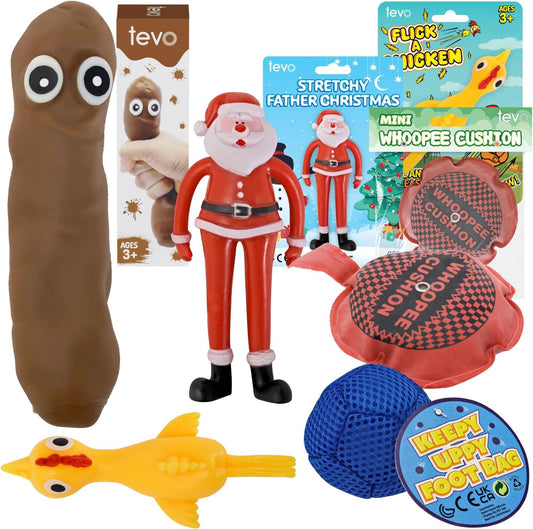 Squishy Poop Stretchy Poo, Keepy Uppy Bag, Whoopee Cushion, Flik-A-Chicken, Stretch Santa